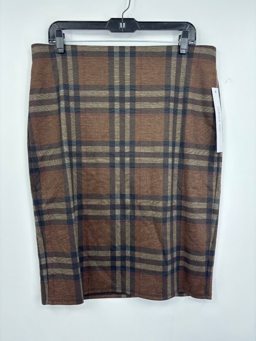 Carole Wren Pull On Pencil Skirt Plaid Tartan Print Brown Size Large NEW